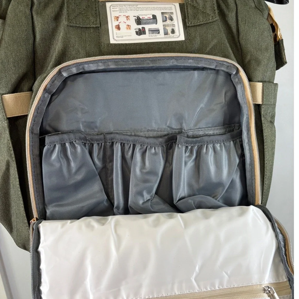 Happy Luoka Diaper Bag Backpack Olive Green Expandable Portable Crib Travel Bag
